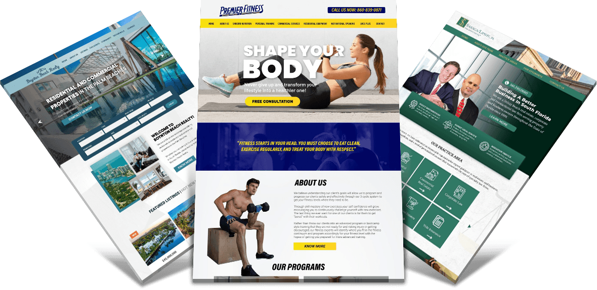 web design mockups of realtor fitness and lawyer websites